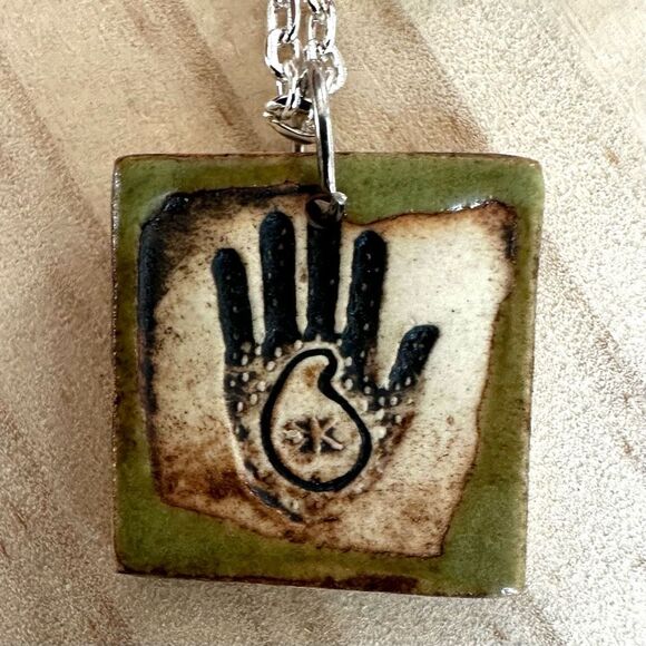 Rustic Ceramic Handprint Pendant Necklace - Picture 4 of 8